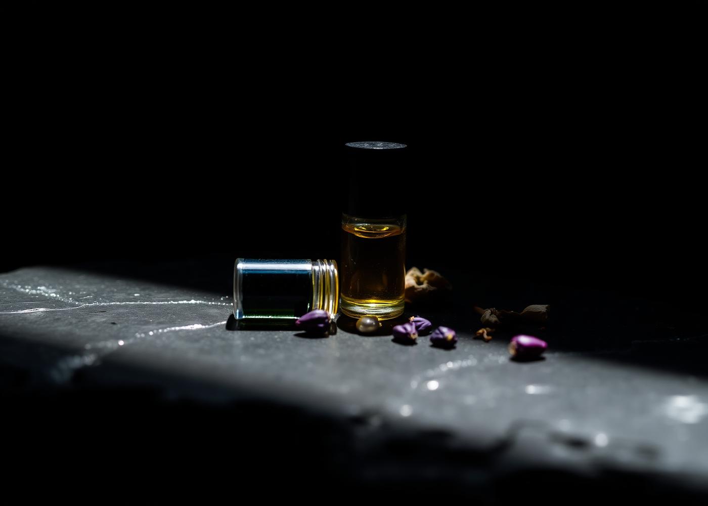 Botanical oils and dried petals on wet dark stone
